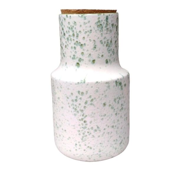 CMG Ceramic White Green Speckled Tapered Canister with Cork Lid Made in Portugal - Picture 2 of 6